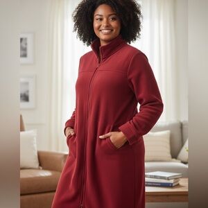 LLBean Womens Winter Fleece Robe Zip Front Long Deep Red Size M